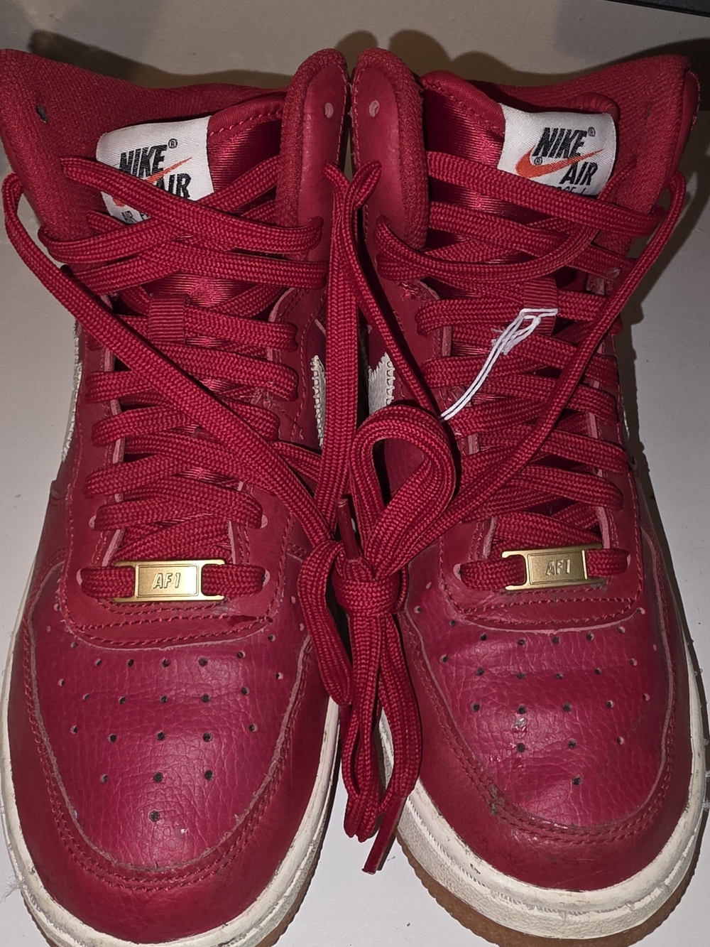 Nike Women's Red Leather High-Top Sneakers with Gold AF1 Dubraes
